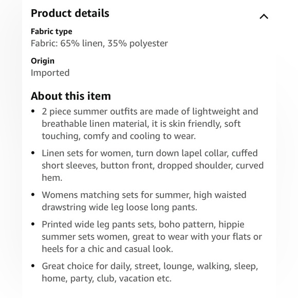 NEW Two Piece Linen Matching Pant Shirt Set Wide Leg, High Waist, Boho Style, XL - Picture 5 of 10